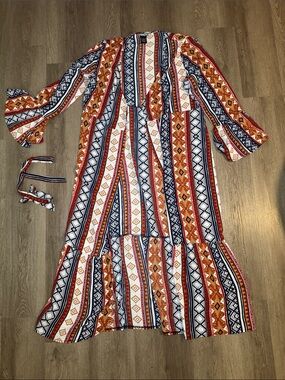 Boho Striped Midi Cardigan - Rust, Navy & White